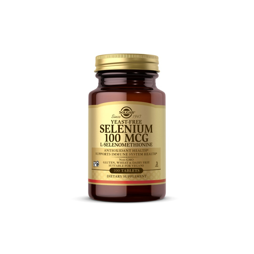 Un flacon de Solgar Sélénium 100 mcg 100 comprimés L-Sélénométhionine, un antioxydant qui renforce le système immunitaire.