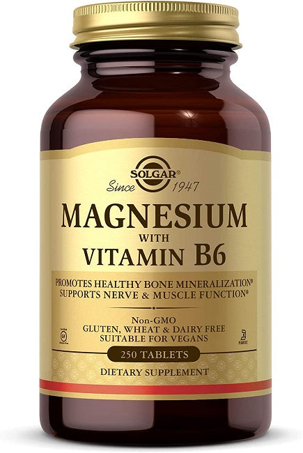 Un flacon de Solgar Magnésium avec vitamine B6 250 comprimés.