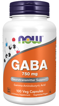 Vignette pour Now Foods GABA 750 mg 100 gélules végétales.