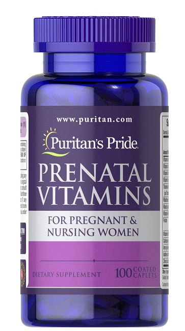 Puritan's Pride Vitamines prénatales 100 gélules enrobées conçues pour les femmes enceintes et allaitantes, enrichies en acide folique.