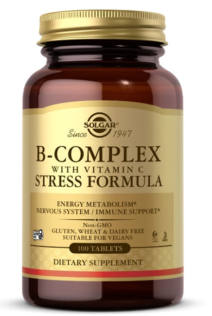 Solgar B-Complex avec Vitamine C 100 Comprimés, une formule anti-stress et un complément alimentaire.