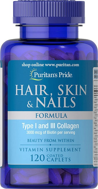 Un flacon de Puritan's Pride Hair, Skin & Nails Formula 120 Coated Caplets.