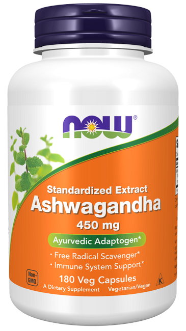 Une bouteille de Now Foods Ashwagandha Extract 450 mg 180 Vegetable Capsules.