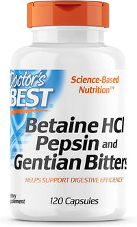 Vignette de Doctor's Best Betaine HCL Pepsin & Gentian Bitters, un complément alimentaire en 120 gélules.