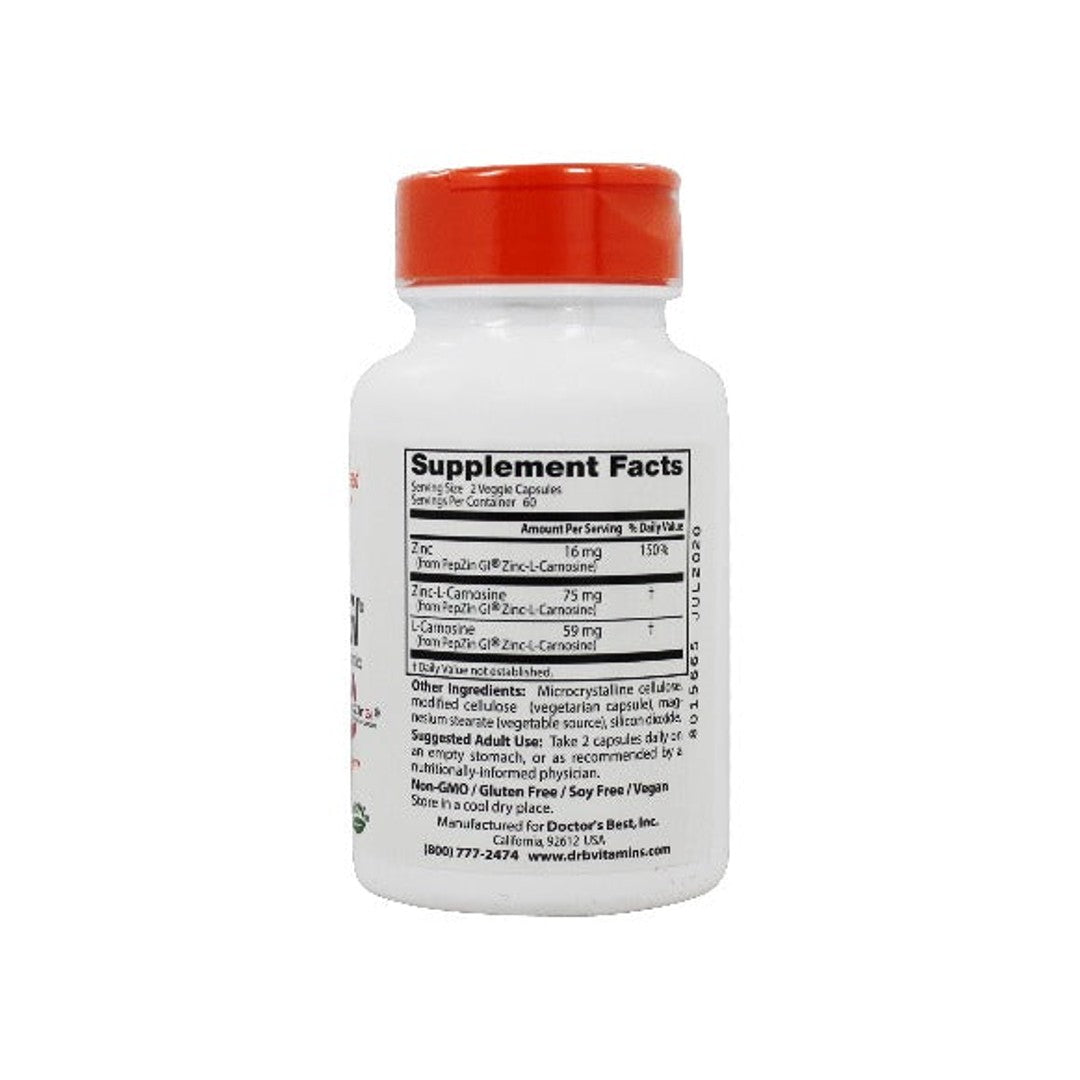 Une bouteille de complément alimentaire de PepZin GI 120 gélules végétales, favorisant la santé de l'estomac en Doctor's Best