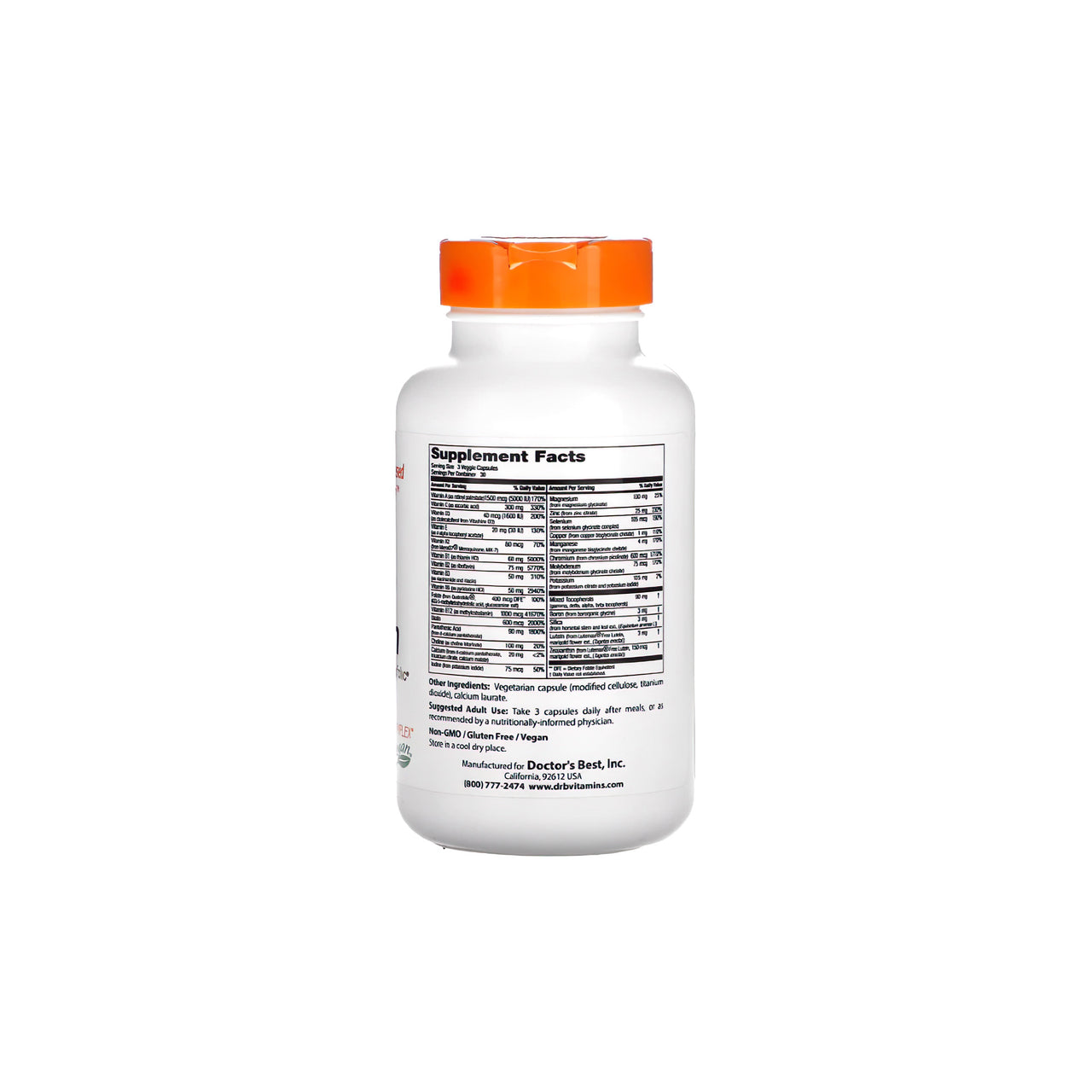 Une bouteille de Doctor's Best Multivitamin 90 gélules végétales avec des minéraux sur un fond blanc, favorisant un système immunitaire sain.