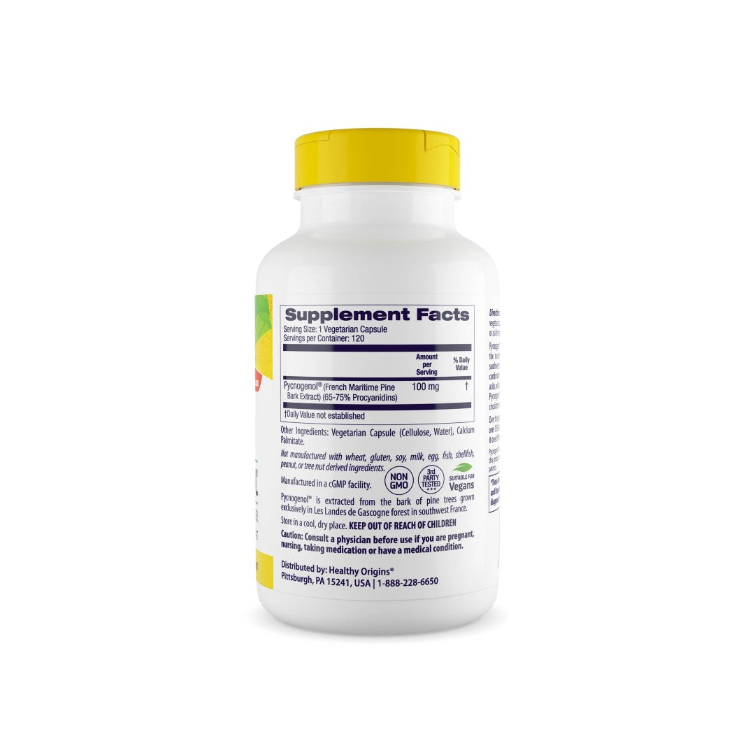Une bouteille de Healthy Origins Pycnogenol 100 mg 120 gélules végétales, riche en vitamine C antioxydante, favorisant la santé cardiovasculaire, présentée sur un fond blanc.