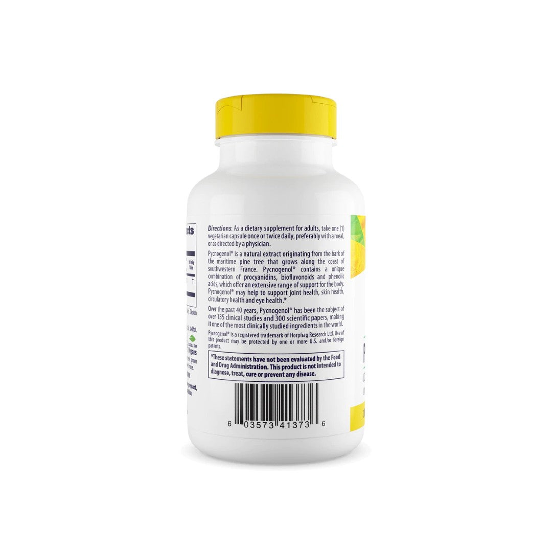 Une bouteille de Pycnogenol 100 mg 120 gélules végé par Healthy Origins avec de l'extrait d'écorce de pin maritime sur un fond blanc.
