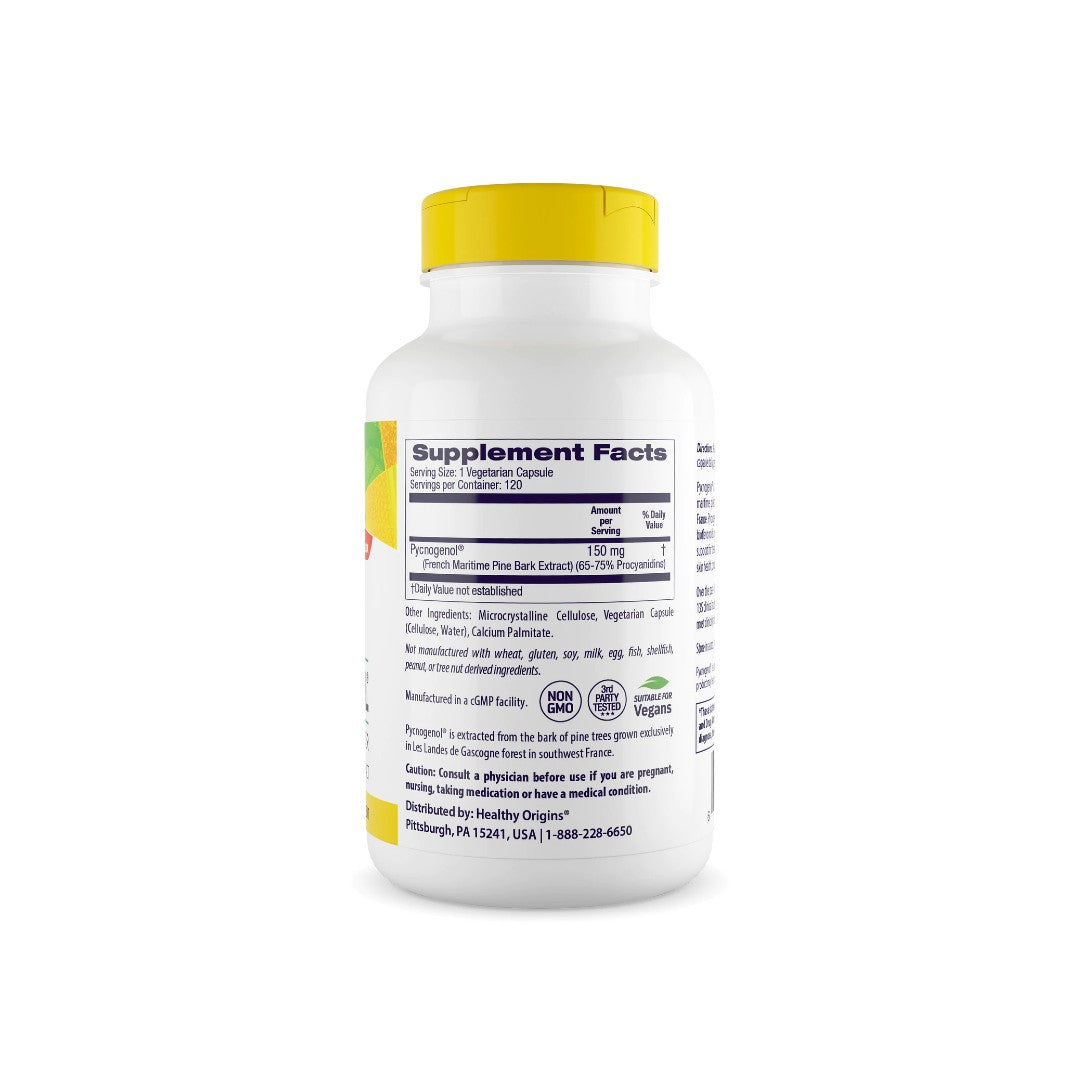 Une bouteille de Pycnogenol 150 mg 120 gélules végé complément alimentaire par Healthy Origins sur fond blanc, favorisant la santé cardiovasculaire.