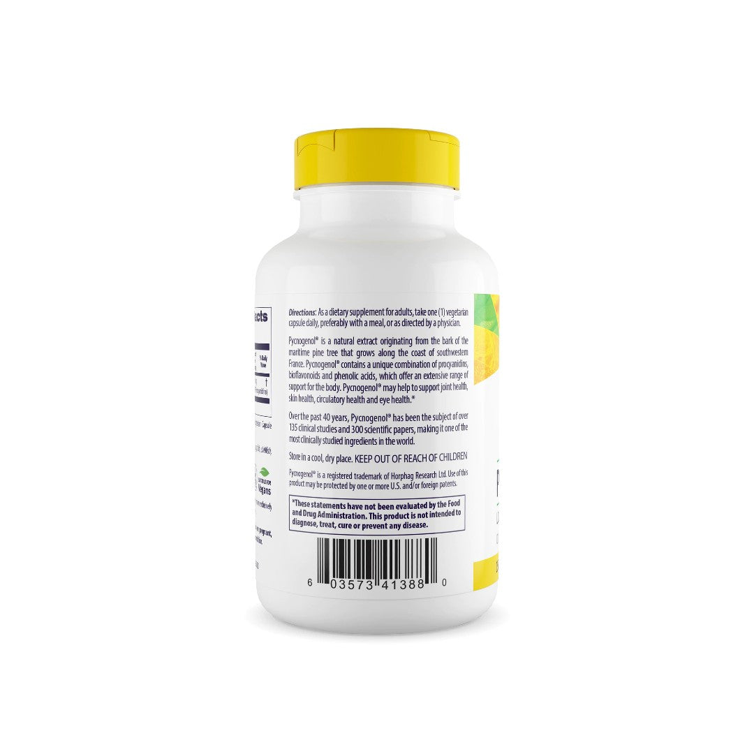 Une bouteille de Healthy Origins' Pycnogenol 150 mg 120 gélules végétales sur fond blanc.