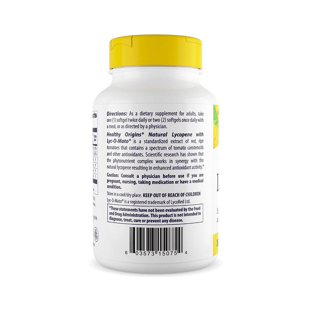 L'arrière d'une bouteille de Lyc-O-Mato 15 mg 180 softgels de Healthy Origins.