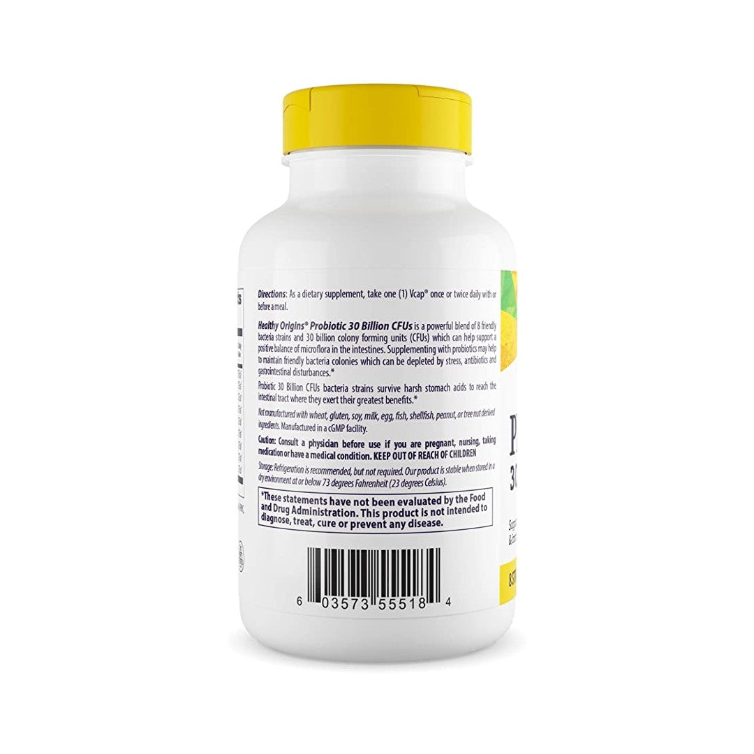 Une bouteille de Probiotic 30 Billion CFU 150 gélules végétales, connue pour ses bienfaits sur le système immunitaire, présentée sur un fond blanc propre. (Marque : Healthy Origins)
