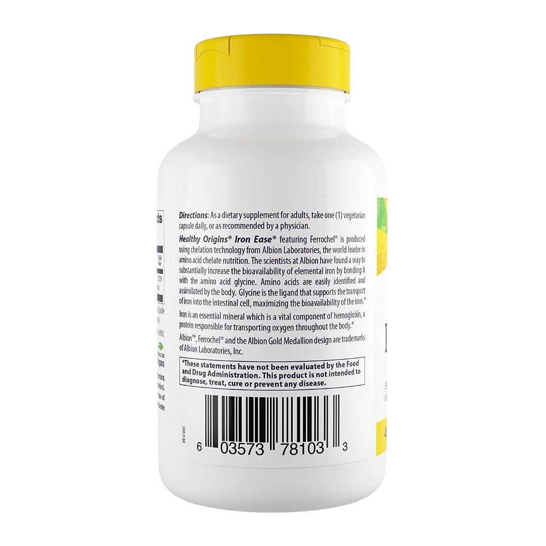 Une bouteille d'Iron Ease 45 mg 180 gélules végétales par Healthy Origins sur un fond blanc.