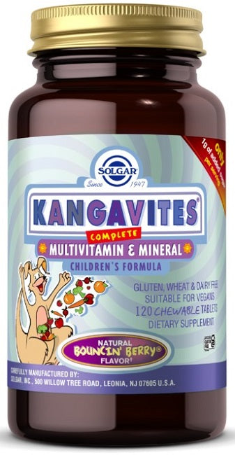Une bouteille de Solgar's Kangavites Multivitamin & Mineral 120 Chewable Tablets - Bouncin' Berry Flavor.