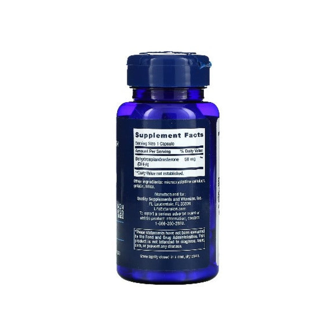 Dos d'une bouteille bleue de suppléments de DHEA 50 mg 60 gélules de Life Extension.