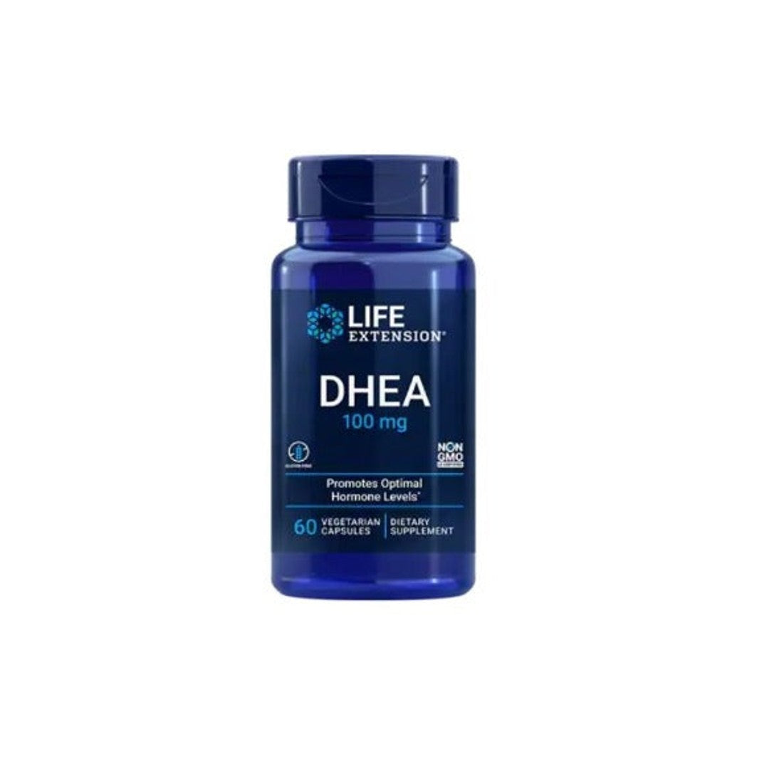 Une bouteille de Life Extension DHEA 100 mg 60 gélules végétales sur fond blanc.