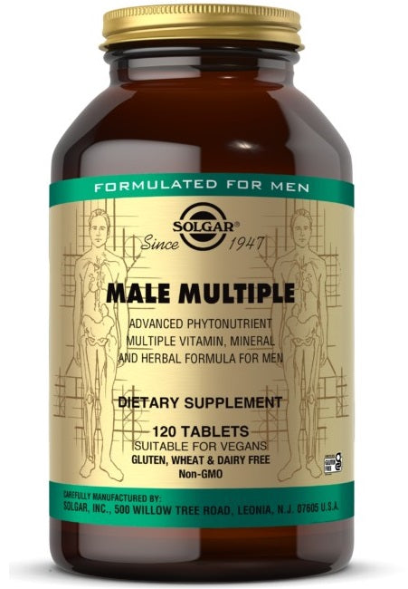 Une bouteille de Solgar Male Multiple Multivitamins & Minerals for Men 120 Comprimés.