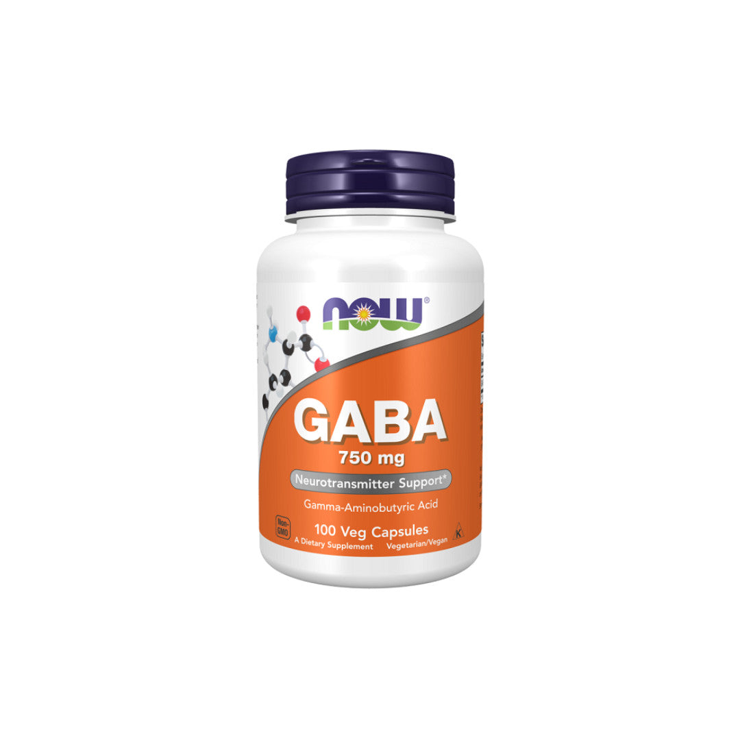 Un flacon de Now Foods GABA 750 mg 100 gélules végétales.