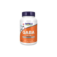 Vignette d'un flacon de Now Foods GABA 750 mg 100 gélules végétales.