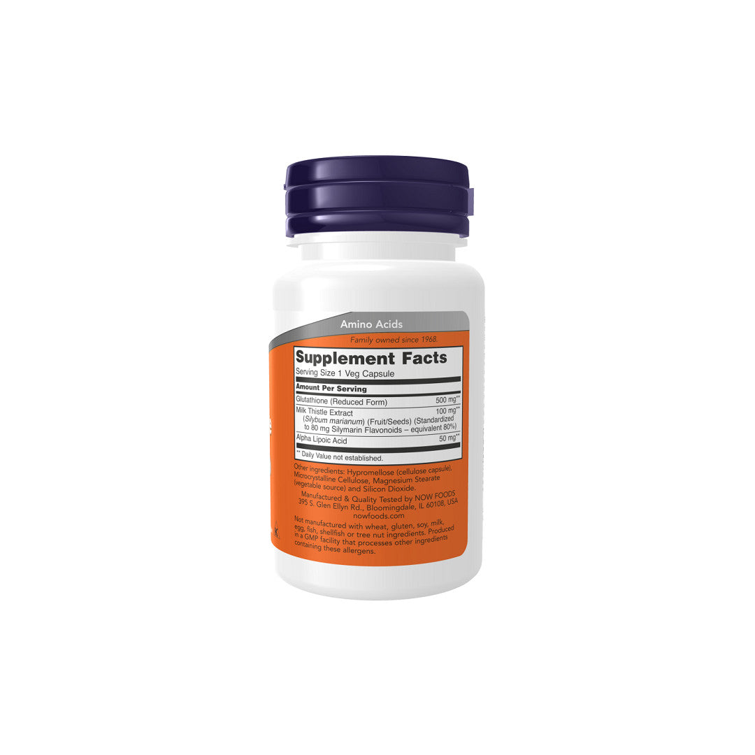 Une bouteille de Glutathione 500 mg 60 Vegetable Capsules supplément par Now Foods sur un fond blanc.