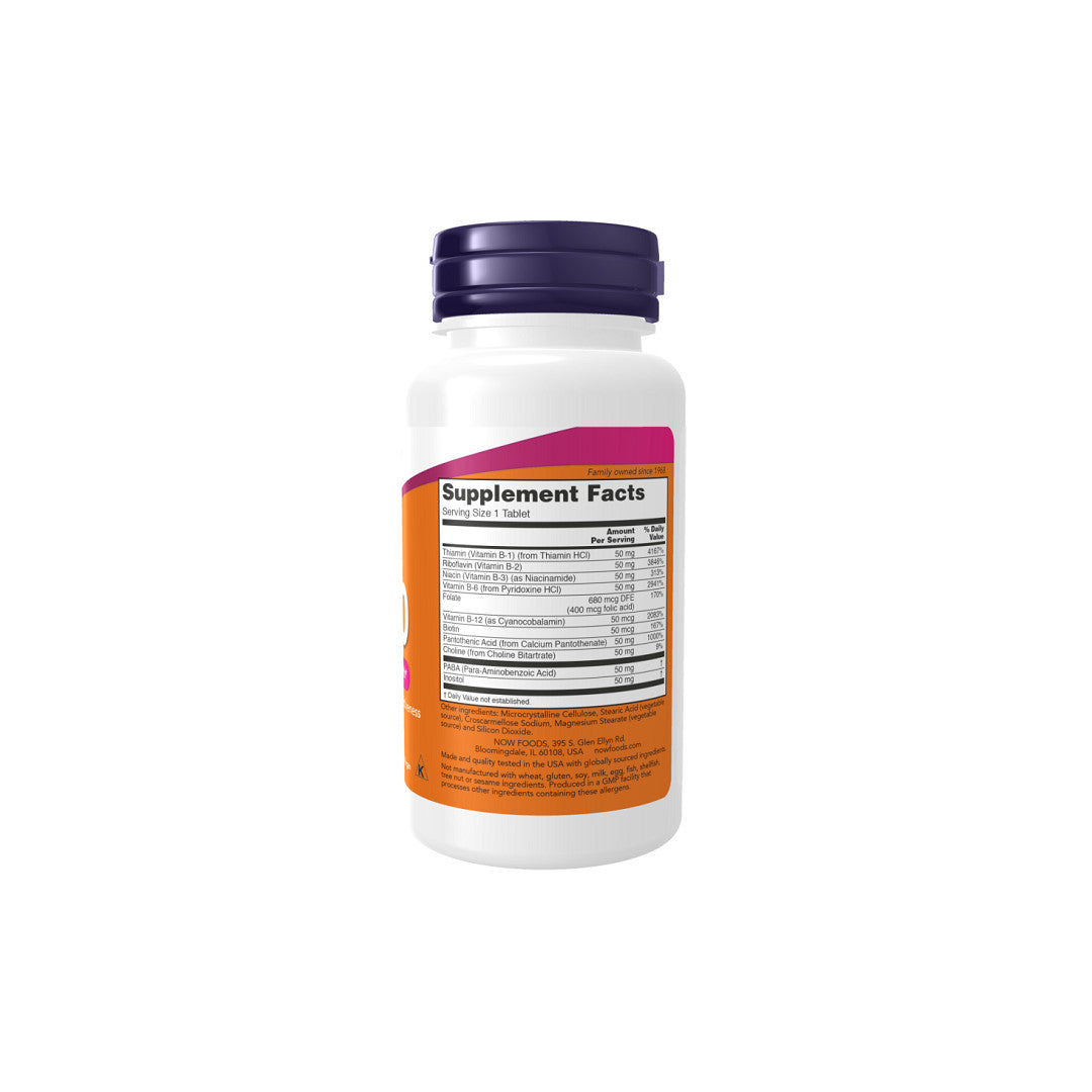 A bottle of Now Foods Vitamins B-50 Complex 250 tablets on a white background.