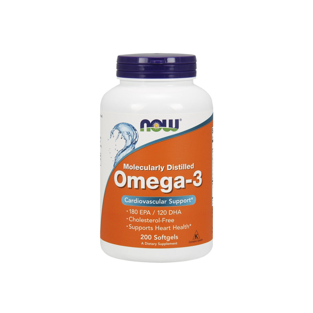 Un flacon de Now Foods Omega-3 180 EPA/120 DHA 200 softgel, favorisant la santé cardiaque et la fonction cérébrale.