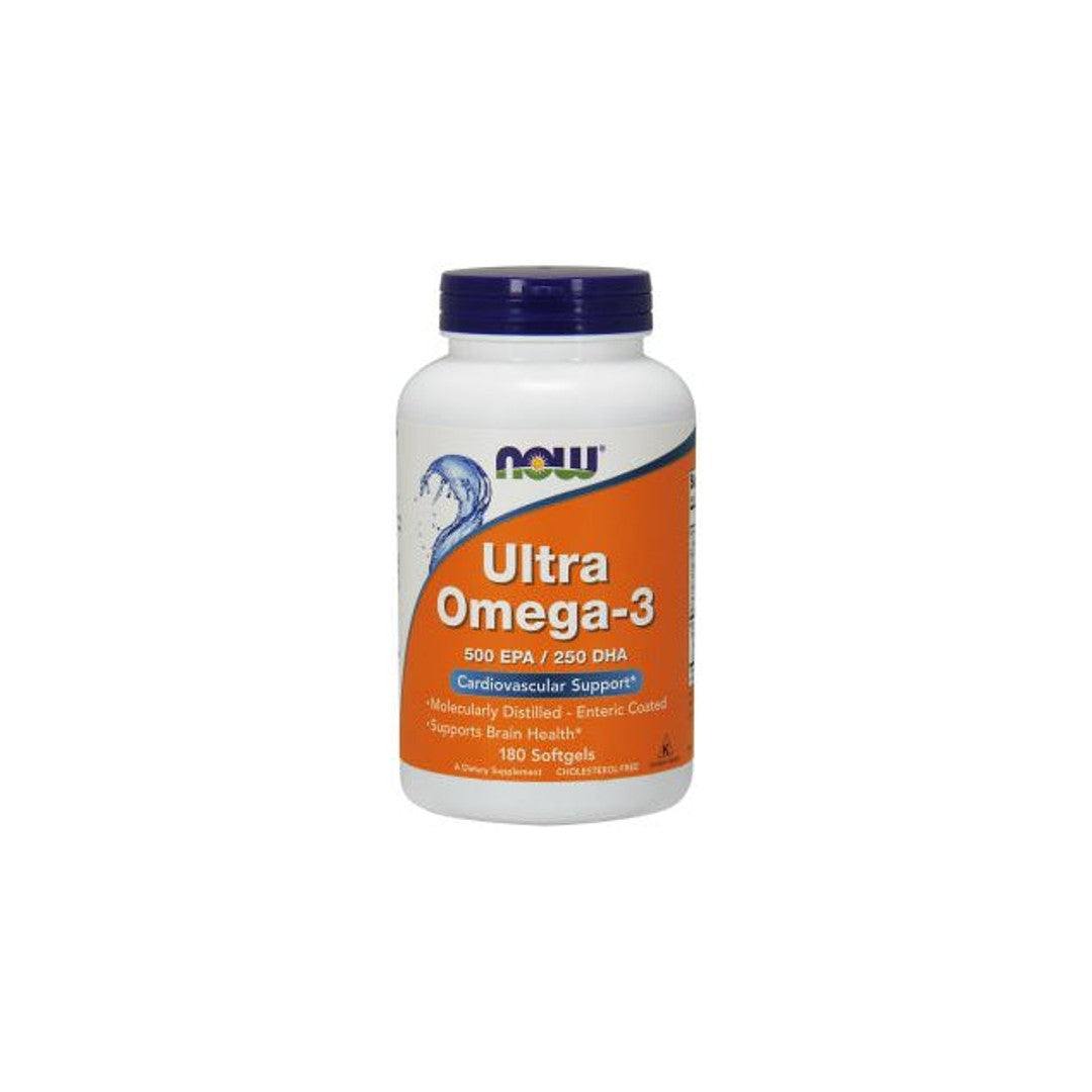 Now Foods Ultra Omega-3 500 mg EPA/250 mg DHA 180 softgel capsules provide essential omega-3s for cognitive function and cardiovascular support.