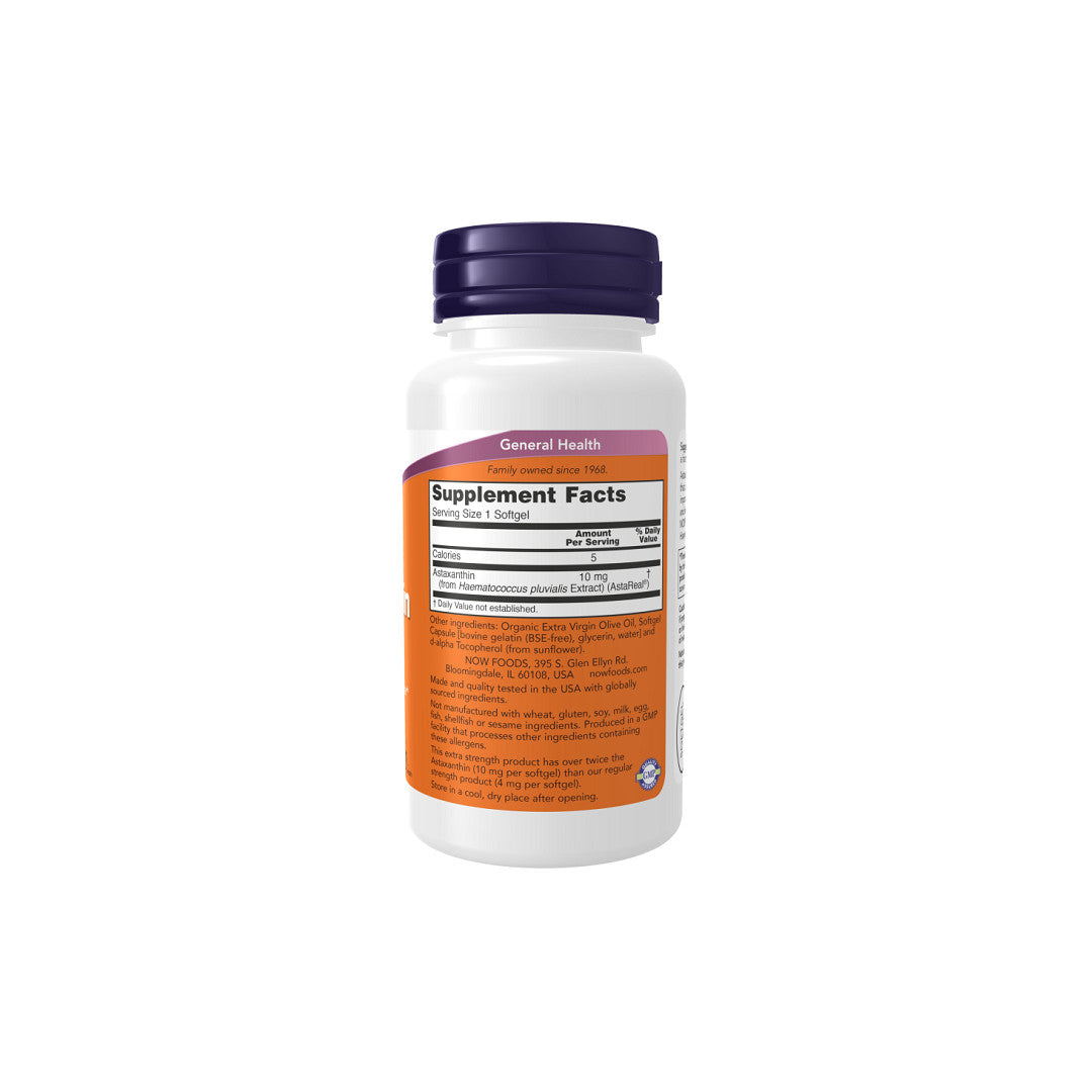 Une bouteille d'Astaxanthine Now Foods , Extra Strength 10 mg 60 Softgel sur un fond blanc.