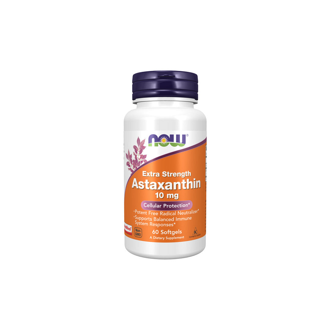 Une bouteille de Now Foods Astaxanthine, Extra Strength 10 mg 60 Softgel.