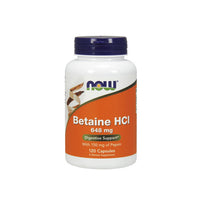 Vignette de Now Foods Betaine HCI 648 mg 120 gélules végé, un complément alimentaire.