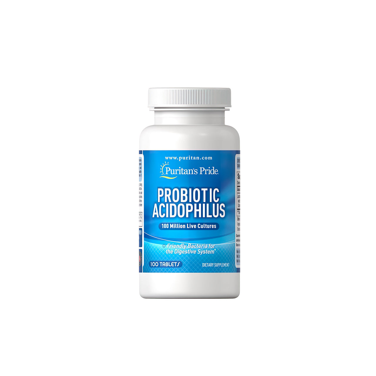 Un flacon de Probiotic Acidophilus 100 comprimés de Puritan's Pride, contenant des probiotiques pour le système digestif et immunitaire.