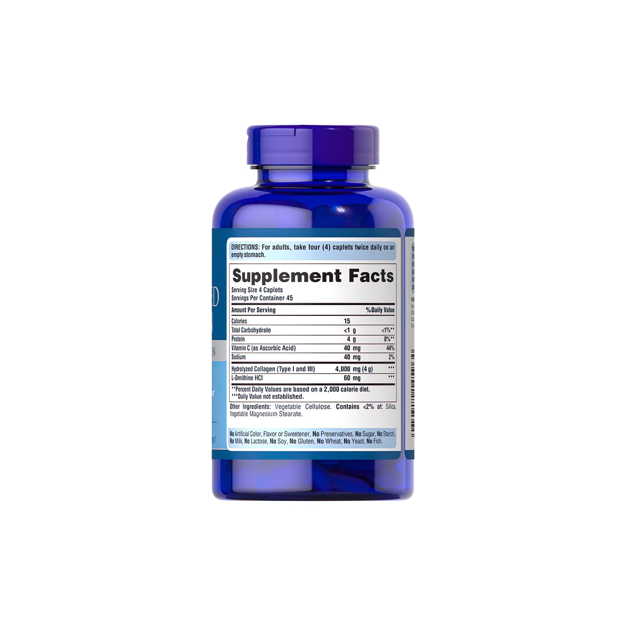Une bouteille de Puritan's Pride Hydrolyzed Collagen 1000 mg 180 caplets avec une étiquette bleue.