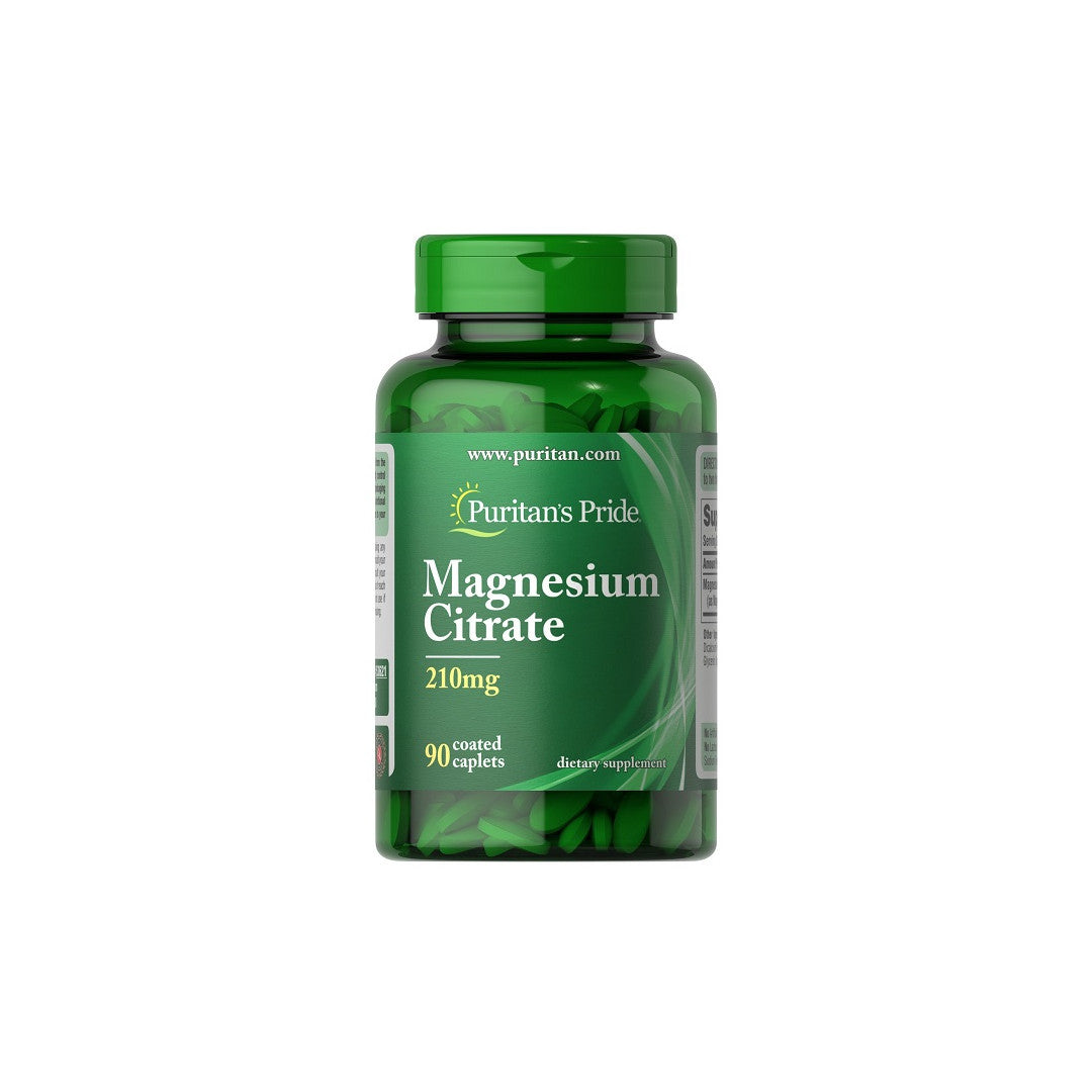 Un flacon de Puritan's Pride Citrate de magnésium 210 mg 90 gélules enrobées.