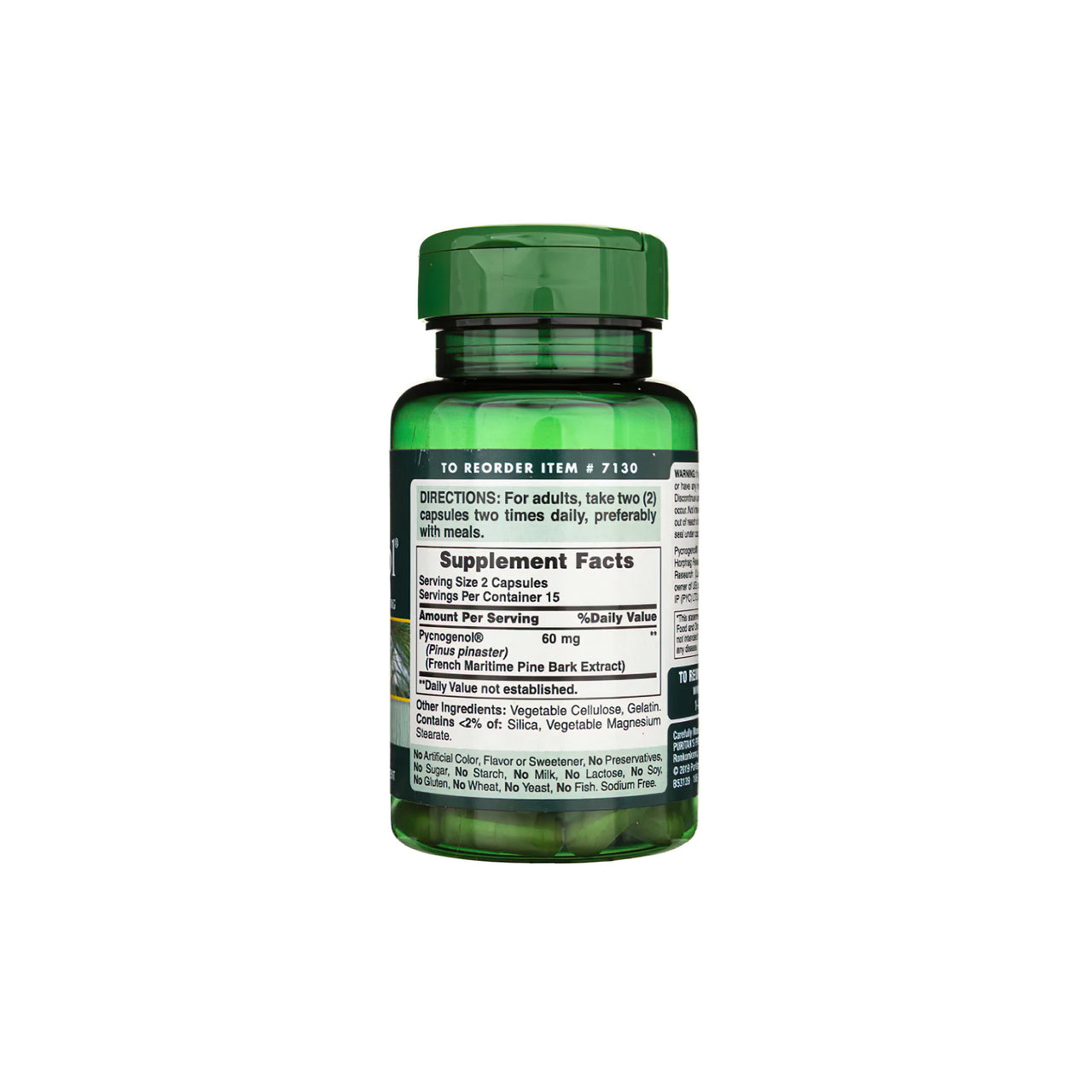 Un flacon de Pycnogenol 30 mg 30 gélules à libération rapide de Puritan's Pride avec des proanthocyanides flavonoïdes.