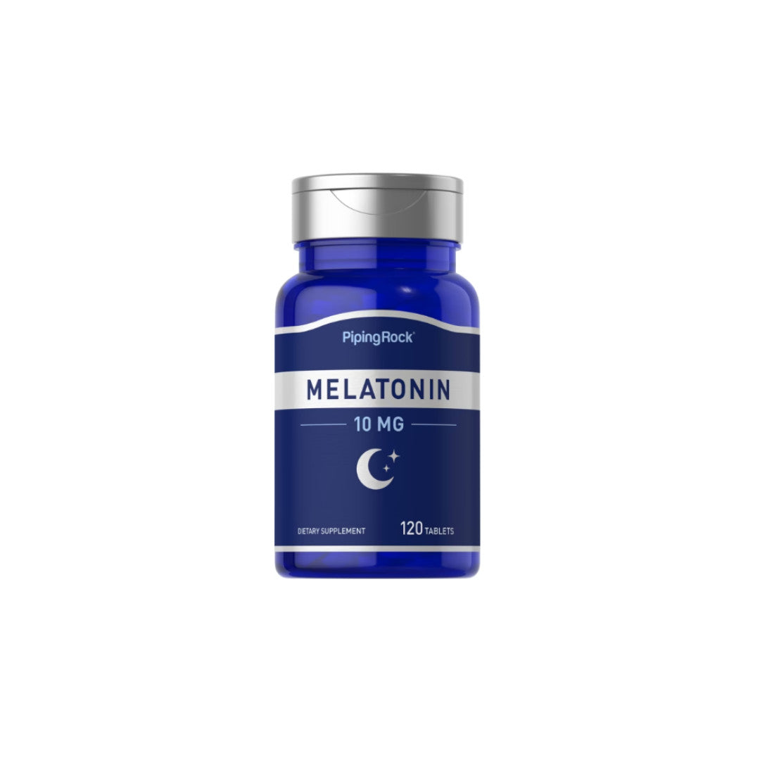 Un flacon de PipingRock Melatonin 10 mg 120 tab pour le sommeil.
