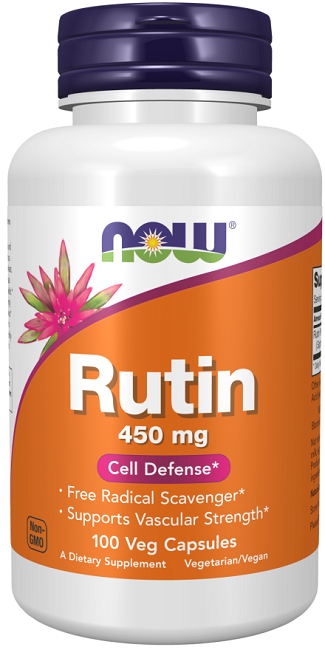 Une bouteille de Now Foods Rutine 450 mg 100 gélules végétales, un bioflavonoïde qui soutient les capillaires et la défense cellulaire.