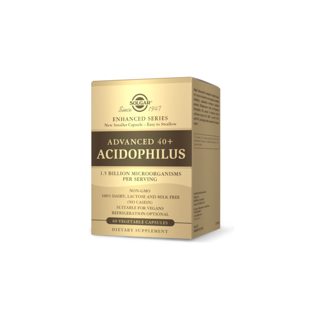 Une boîte de Solgar Advanced 40+ Acidophilus 60 gélules végétales.