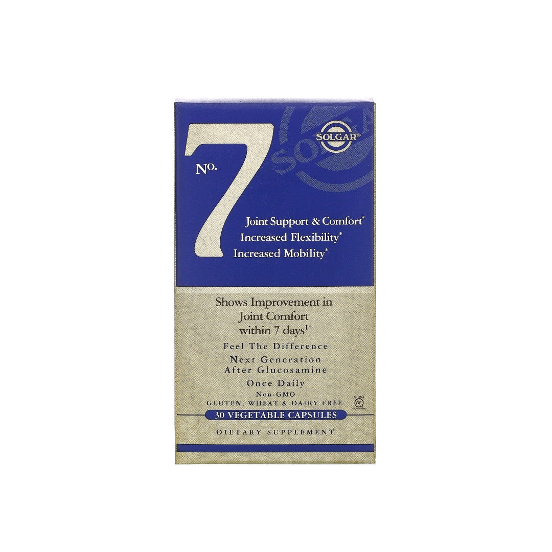 Une boîte bleue avec le chiffre 7, présentant No. 7 Joint Support & Comfort 30 gélules végétales et Solgar's souplesse et confort articulaire.