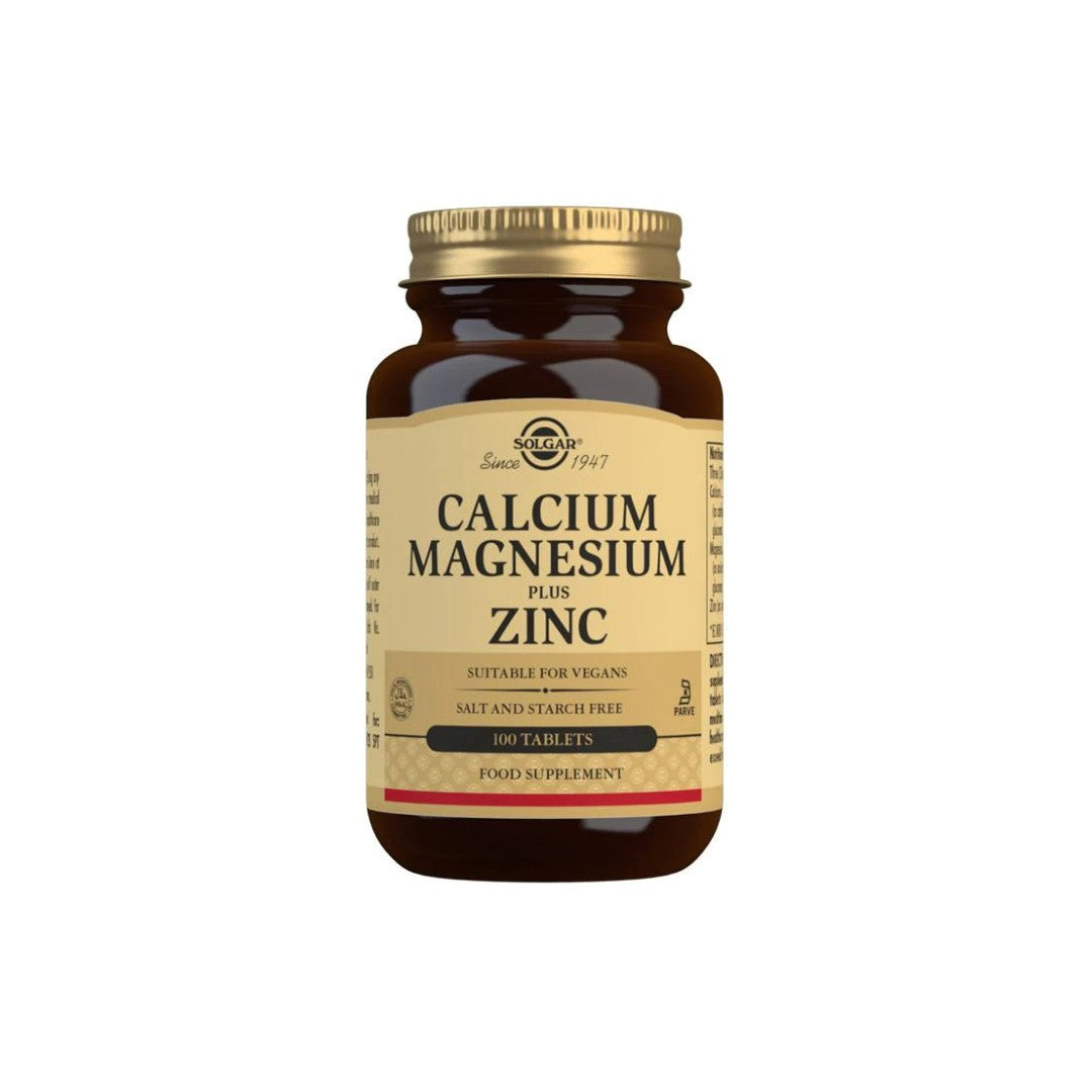 Un flacon de complément alimentaire contenant 100 comprimés de Solgar Calcium Magnésium Plus Zinc.