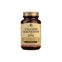 Vignette d'un flacon de complément alimentaire contenant 100 comprimés de Solgar Calcium Magnésium Plus Zinc.
