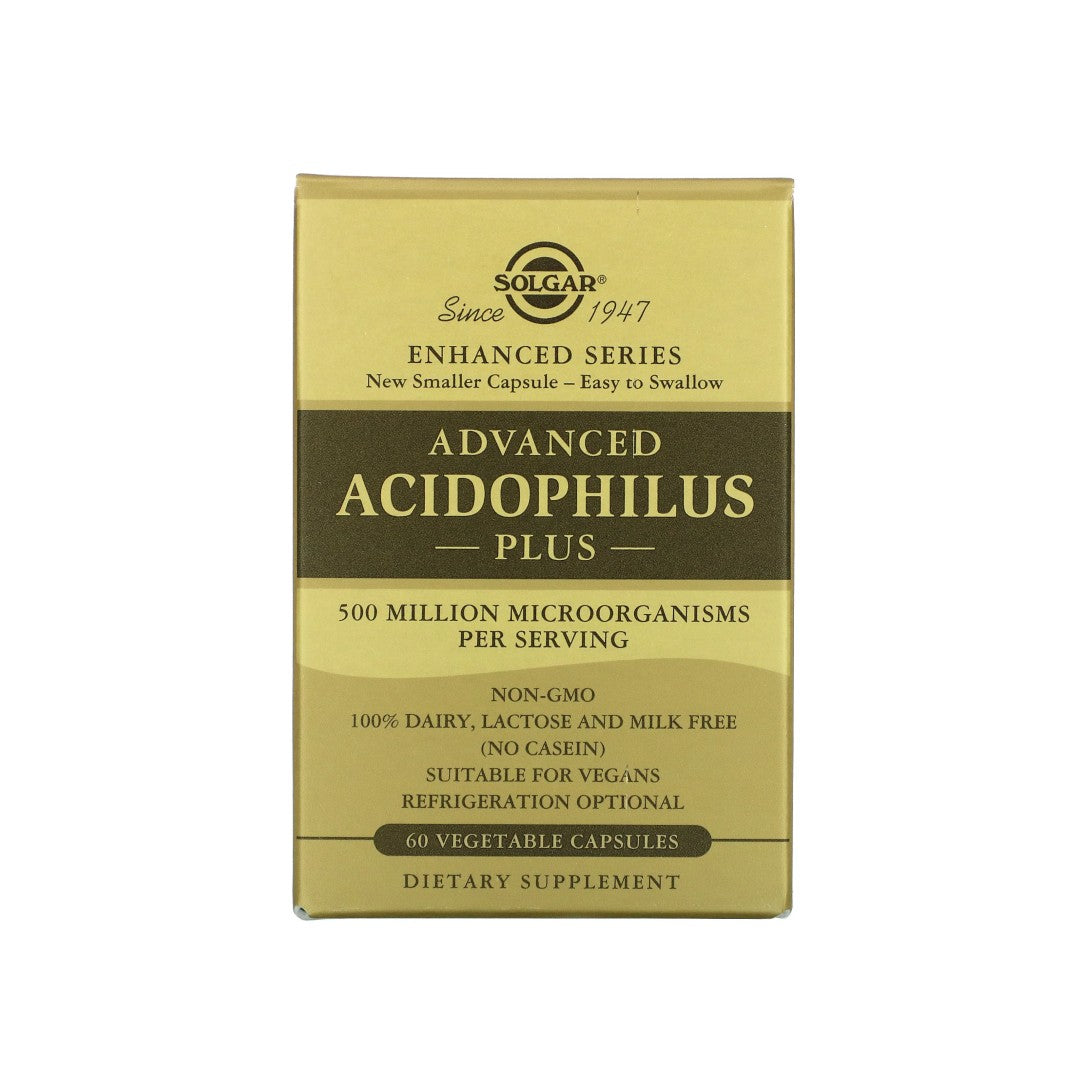 Une boîte de Solgar's Advanced Acidophilus Plus 60 gélules végétales.