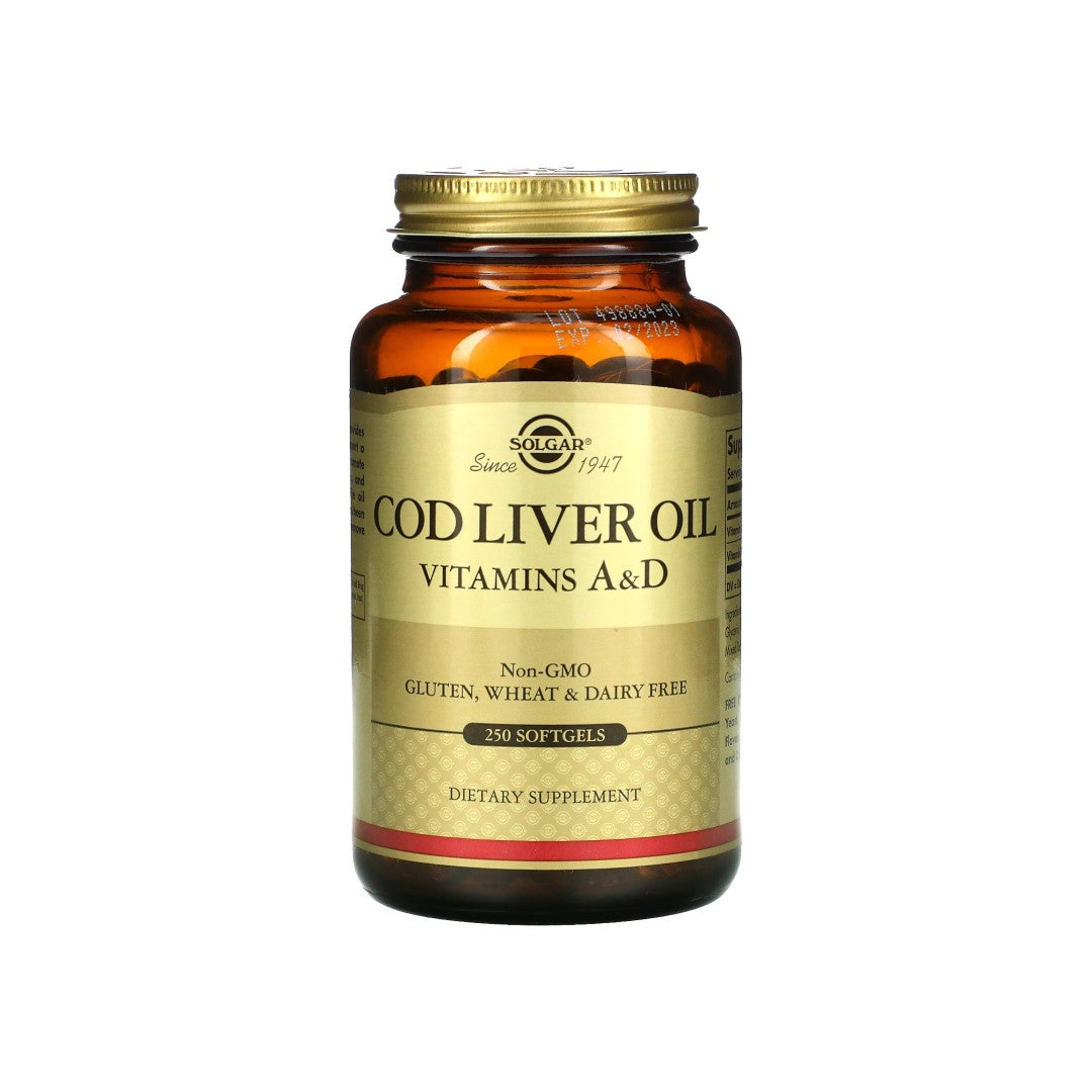 Une bouteille de Solgar Cod Liver Oil Sftgels Vitamin A & D 250 softgel ad.