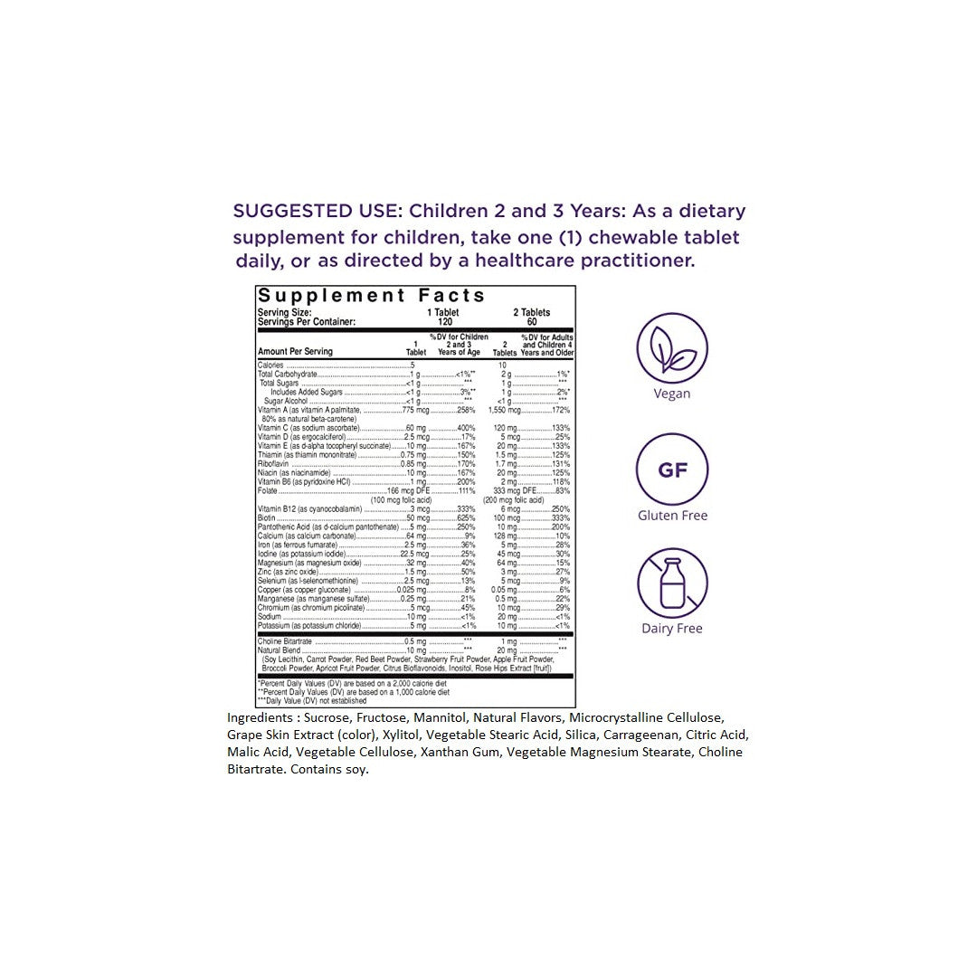 Étiquette nutritionnelle de Solgar's Kangavites Multivitamin & Mineral 120 Chewable Tablets - Bouncin' Berry Flavor avec un fond violet.