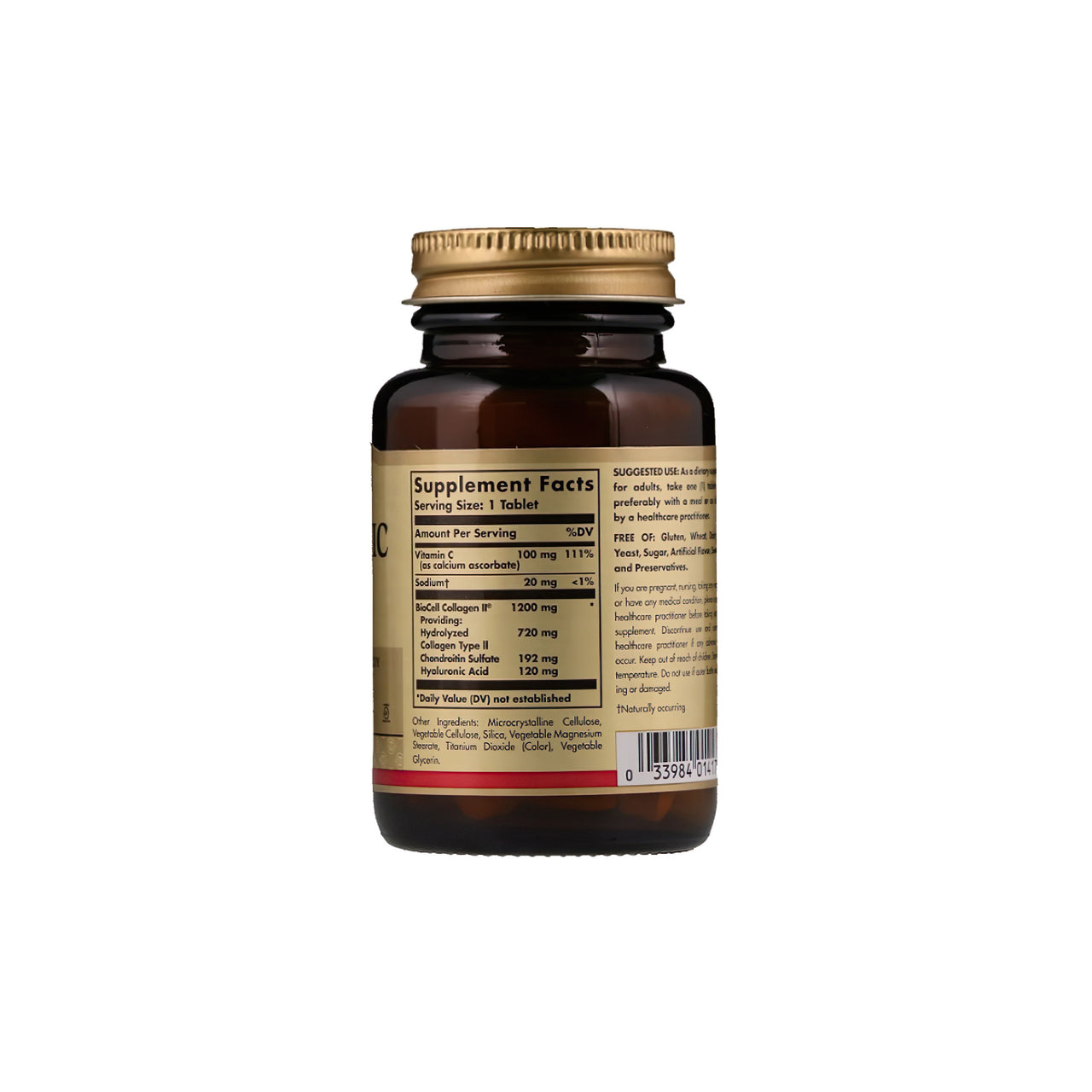 Une bouteille d'acide hyaluronique Solgar 120 mg 30 tab supplément sur un fond blanc.