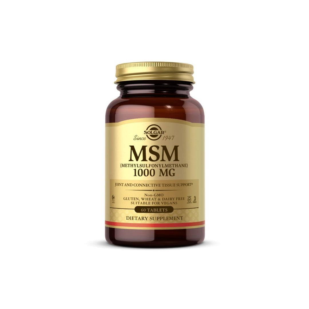 Solgar Comprimés de MSM 1000 mg pour améliorer la mobilité et l'inflammation des articulations sur fond blanc.
