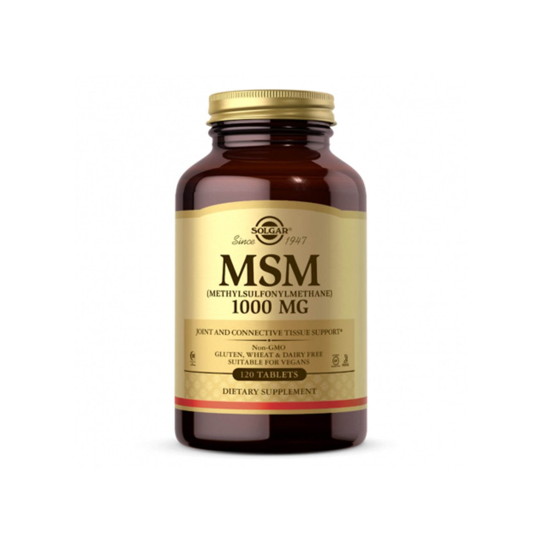 Une bouteille de Solgar MSM 1000 mg 120 comprimés, un supplément connu pour son efficacité dans l'amélioration de la mobilité des articulations et la réduction de l'inflammation, placée sur un fond blanc propre.