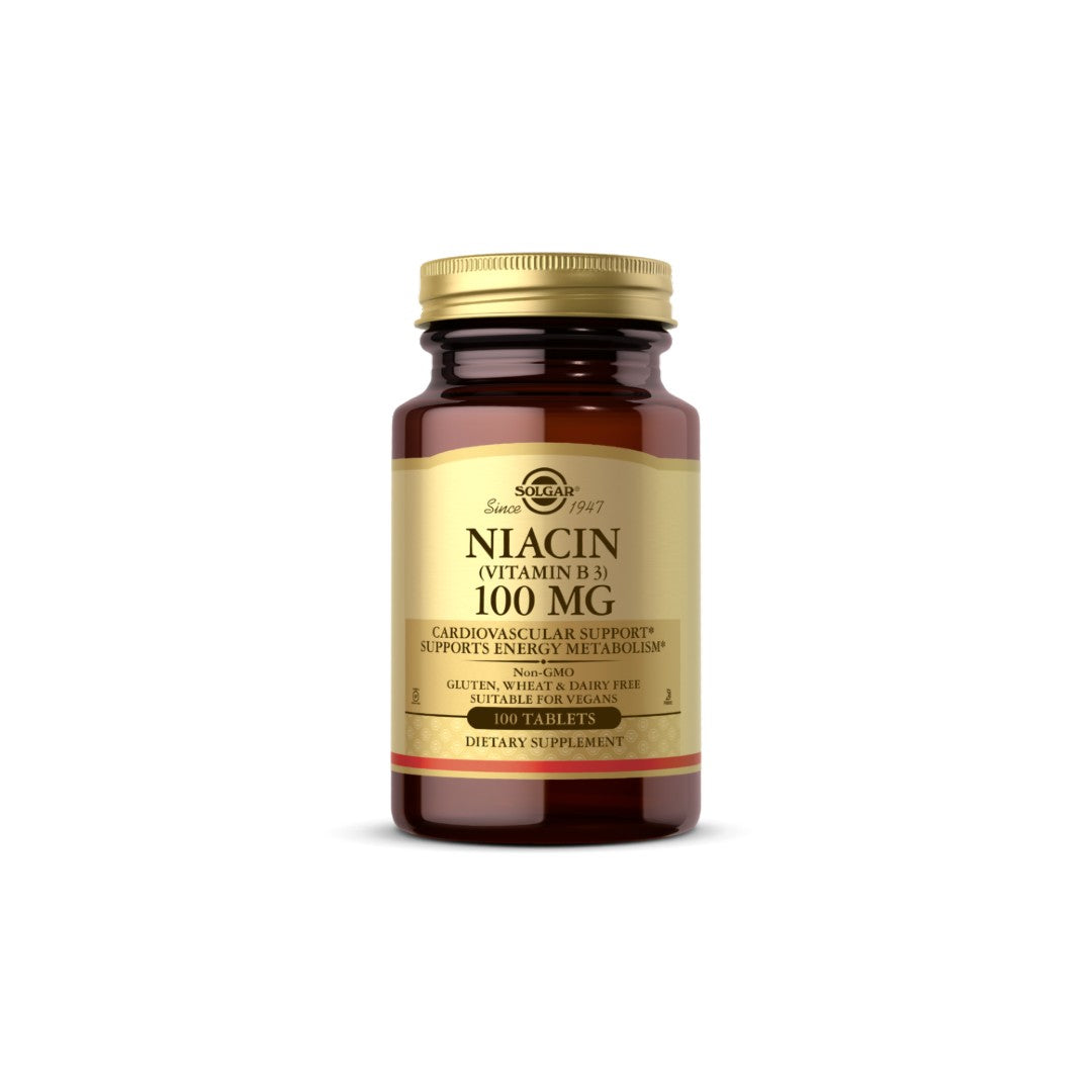 Solgar Niacine Vitamine B-3 100mg gélules enrobées sur fond blanc pour la santé du système nerveux.