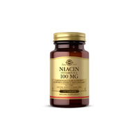 Vignette de Solgar Niacine Vitamine B-3 100mg gélules enrobées sur fond blanc pour la santé du système nerveux.