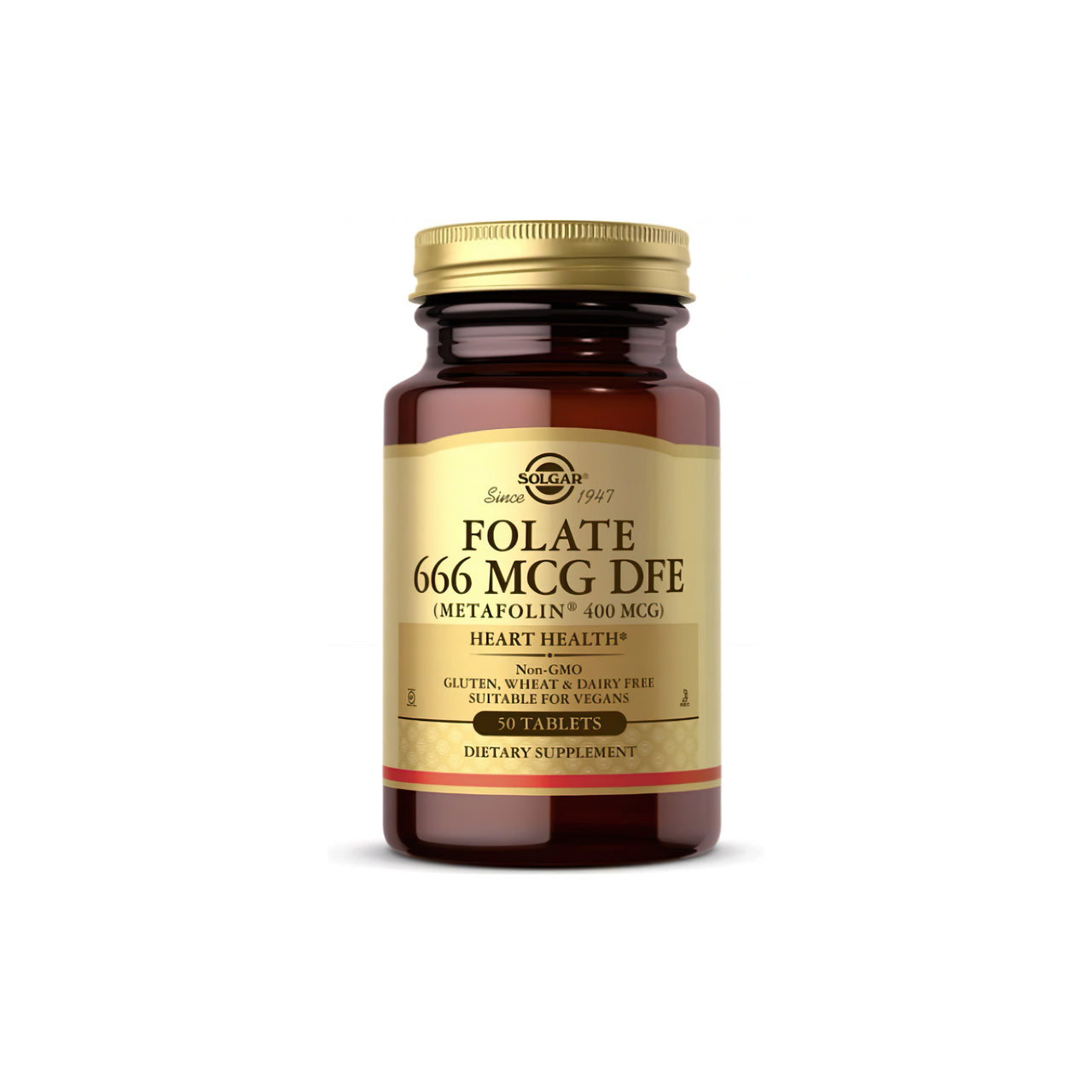 A bottle of Solgar Folate 666 mcg DFE (Metafolin 400 mcg) containing 50 tablets, enriched with L-methylfolate for heart health.