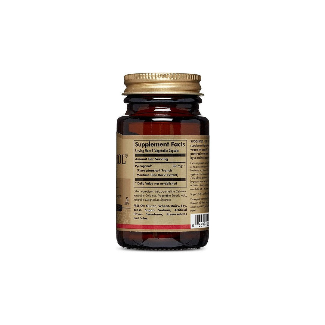 Une bouteille de Solgar Pycnogenol 30 mg 30 VCaps supplément sur un fond blanc, favorisant la santé du cerveau.